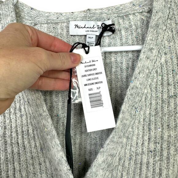 Michael Stars NWT Heather Grey Laurel Surplice Mini Sequin Faux Wrap Sweater - Picture 9 of 10
